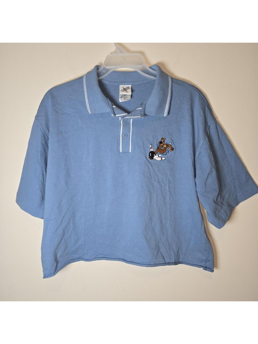 VTG Scooby Doo Embroidered Bowling Polo Blue Shirt Warner Bros sz L Cartoon 2001